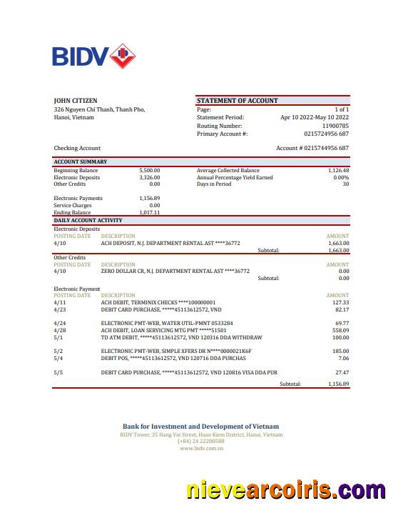 Vietnam BIDV bank statement, Excel and PDF
